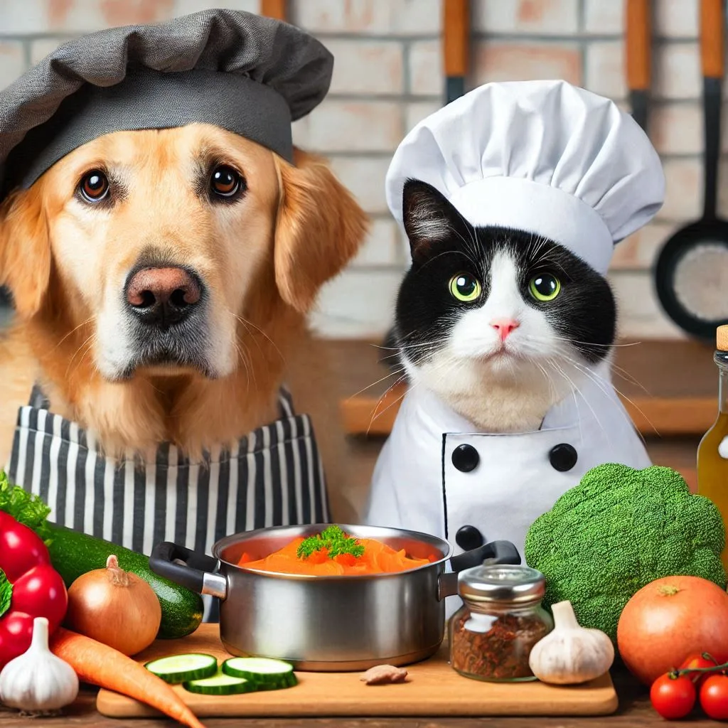 Chien Et Chat Habillés En Cuisiniers Devant Des Légumes Frais Comme Des Carottes Et Des Courgettes Illustrant Une Alimentation Saine Et équilibrée Pour Les Animaux