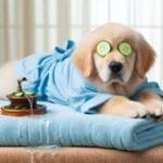 Prendre soins de nos animaux domestique. Chiot détendu avec deux rondelles de concombre sur les yeux, allongé sur une serviette moelleuse comme dans un spa.