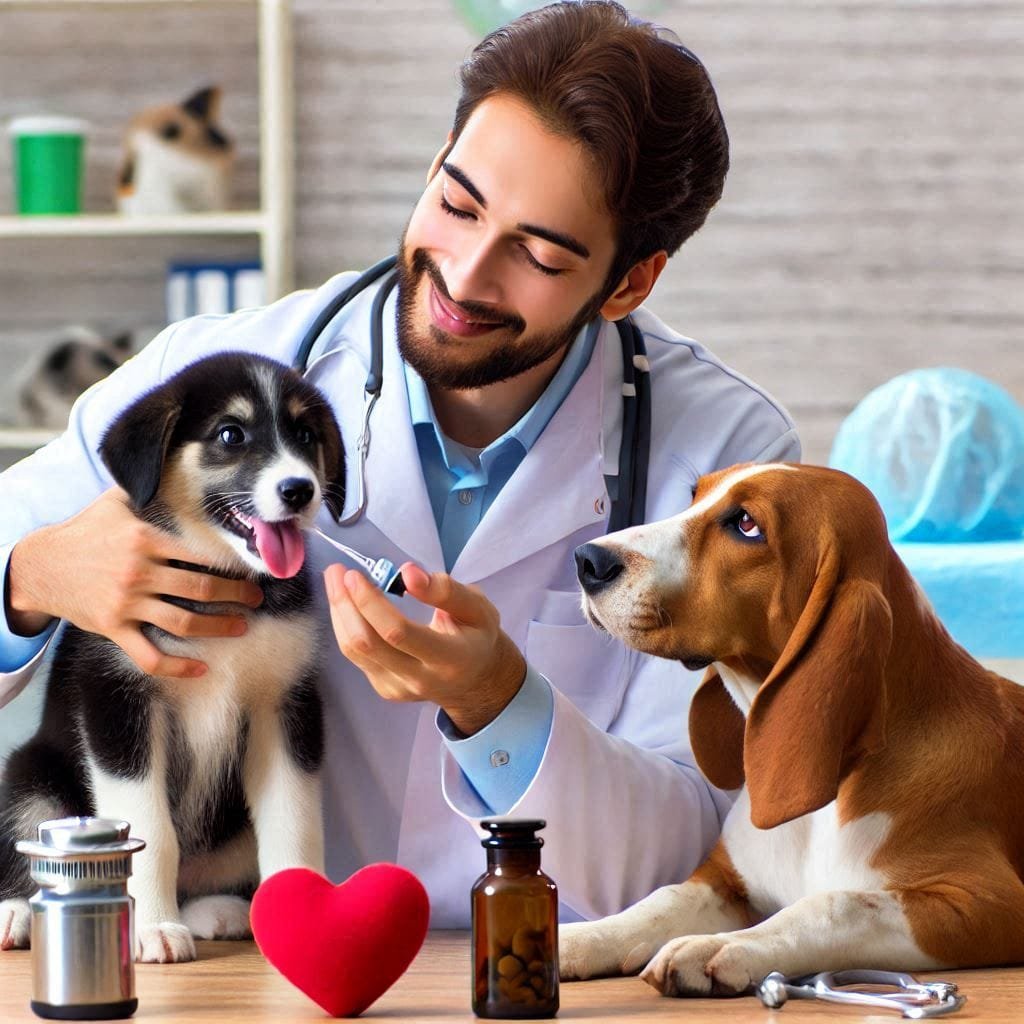 Vétérinaire souriant examinant un chien