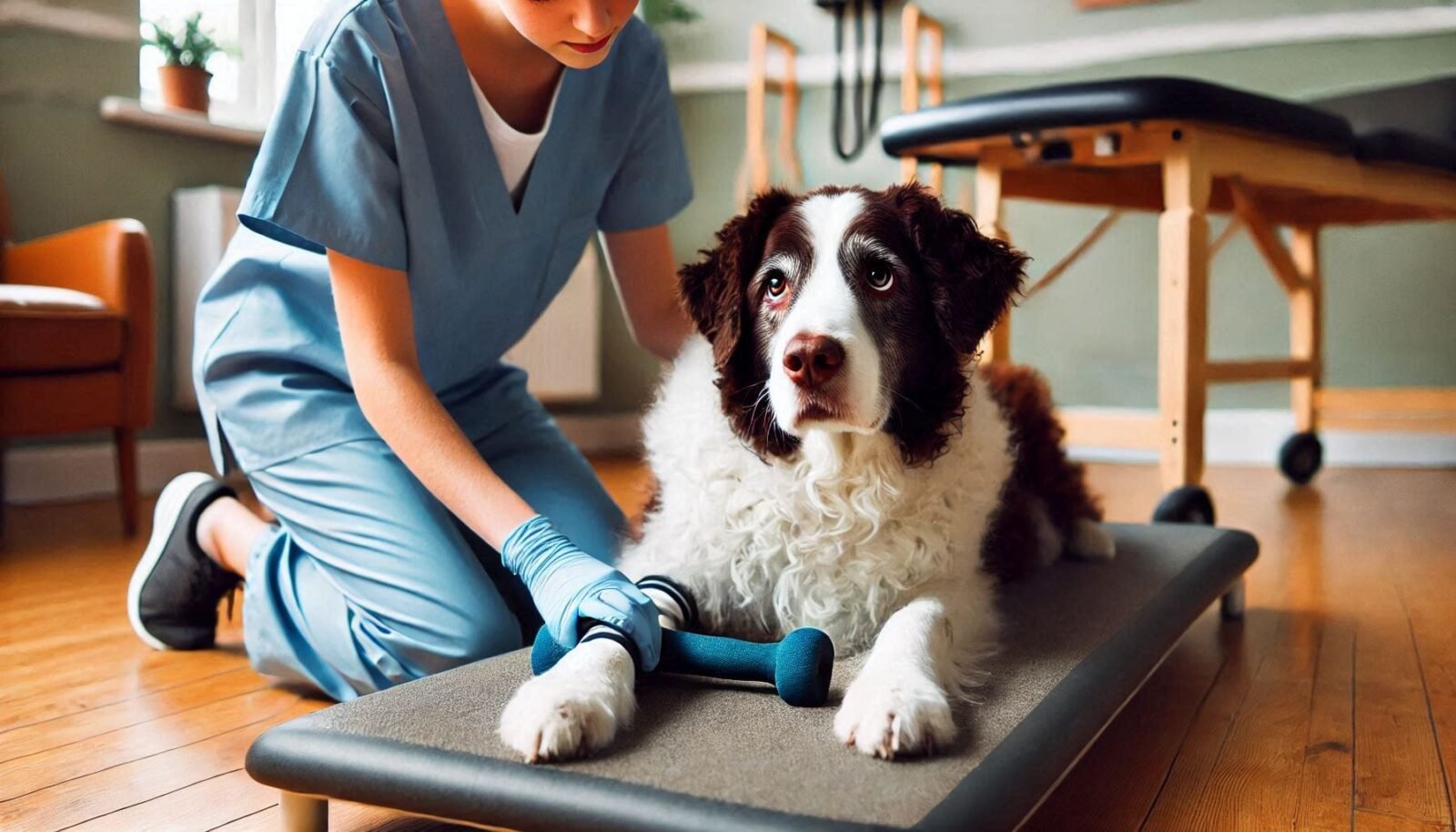 Séance de physiothérapie canine : vétérinaire spécialisé aidant un chien âgé à retrouver sa mobilité”