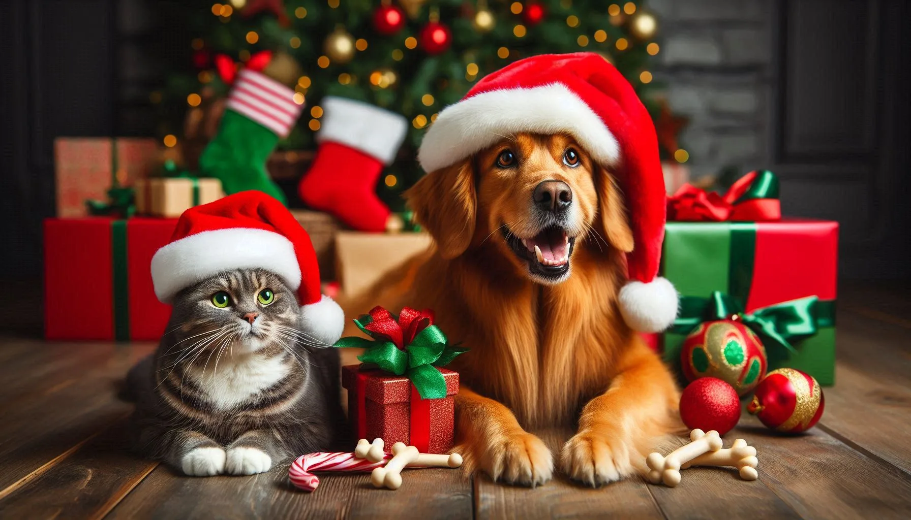 Chien Et Chat Portant Un Bonnet De Père Noël Illustration Dun Guide Pour Un Noël Sûr Avec Son Animal