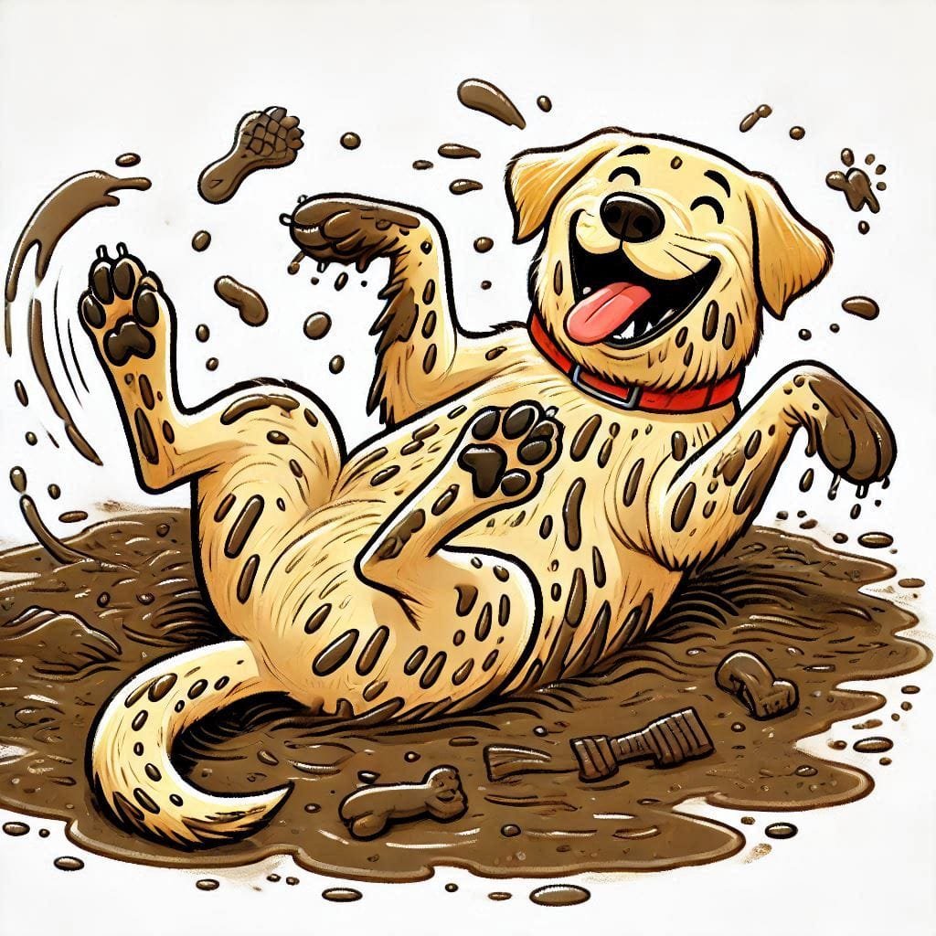chien heureux qui se roule dans la boue. on a tous déjà connu ça.