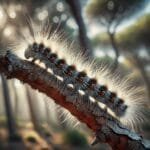 Chenille processionnaire sur une branche de pin, un danger pour les chiens et les chats. Cet insecte urticant peut provoquer de graves réactions allergiques et nécroses chez les animaux domestiques.