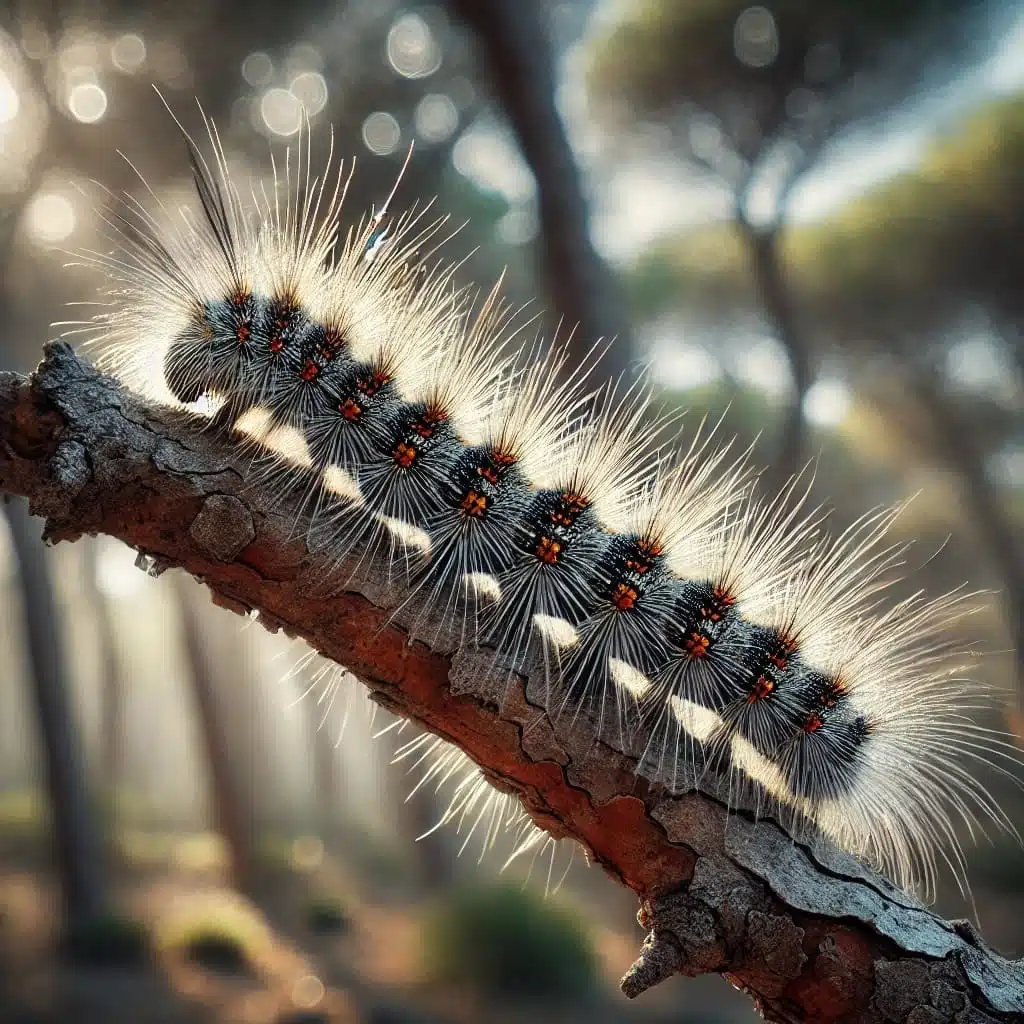 Chenille Processionnaire Sur Une Branche De Pin Un Danger Pour Les Chiens Et Les Chats Cet Insecte Urticant Peut Provoquer De Graves Réactions Allergiques Et Nécroses Chez Les Animaux Domestiques
