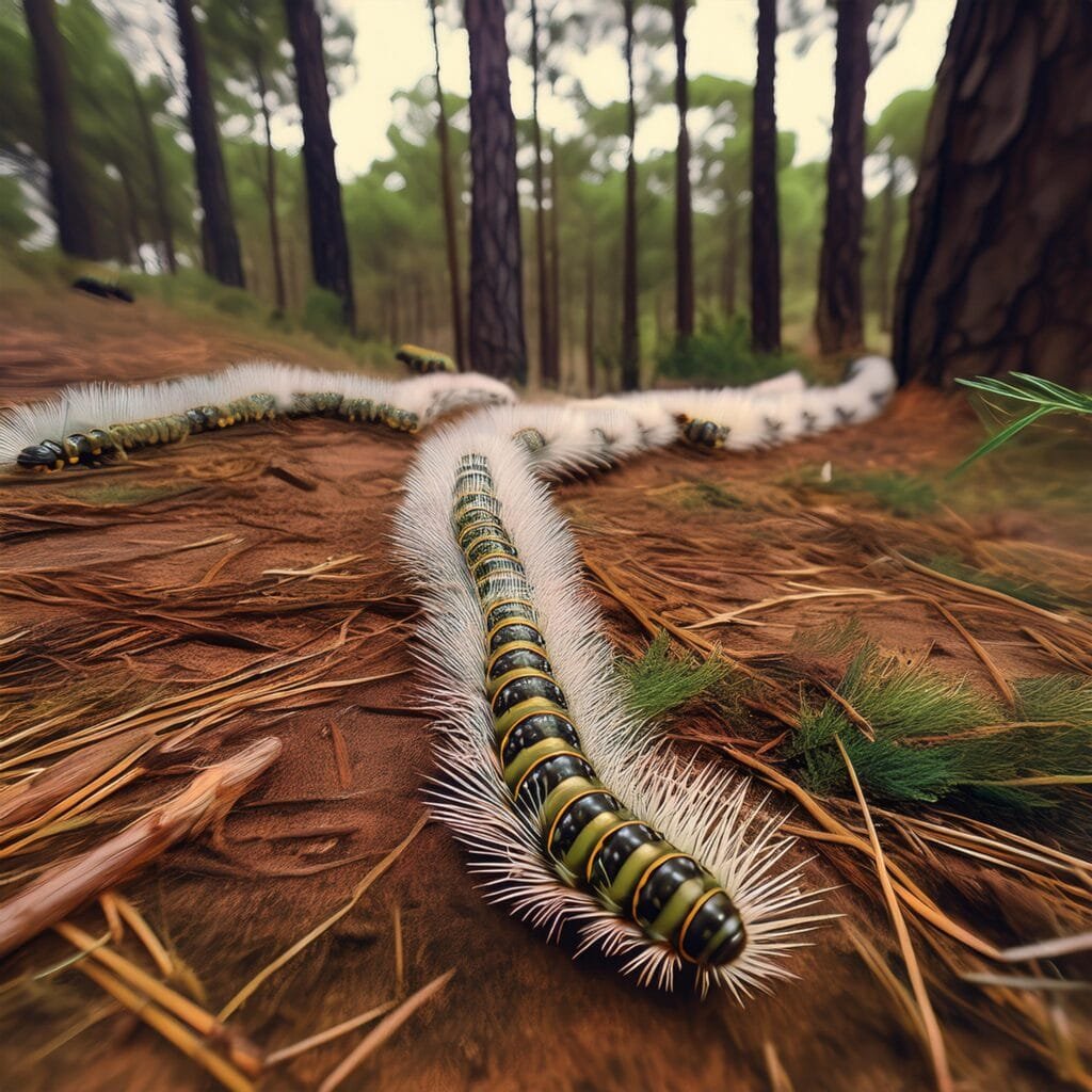 Chenille processionnaire danger chien. Vue d'une procession de chenille dans les bois de pins
