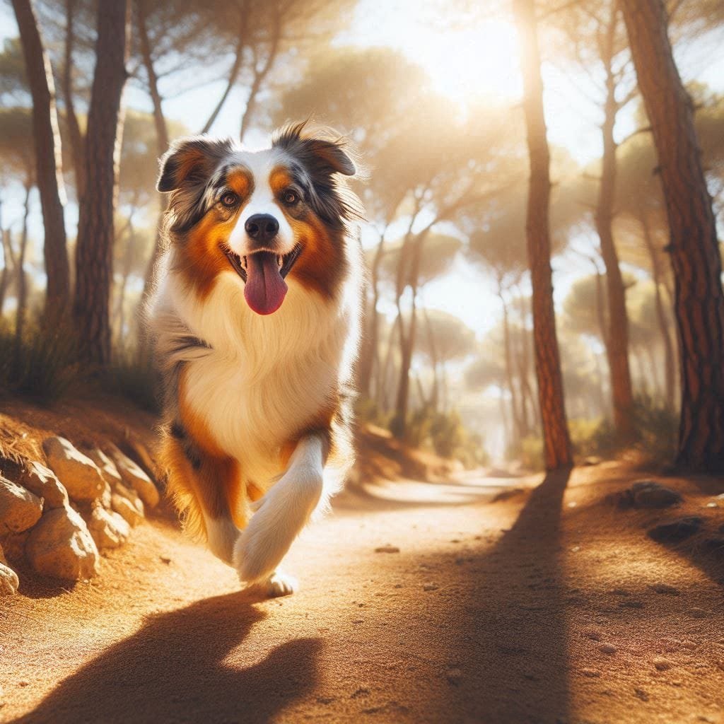 Chien heureux courant dans les forĂȘt de pins en Algarve