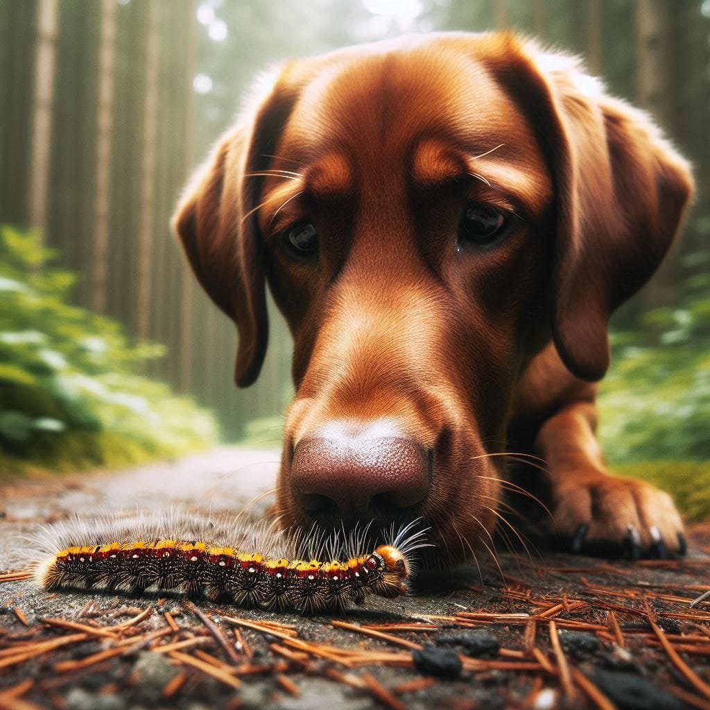 Chien reniflant une chenille processionnaire. La chenille processionnaire avec ses poils urticants. Chenilles processionnaires : danger chiens