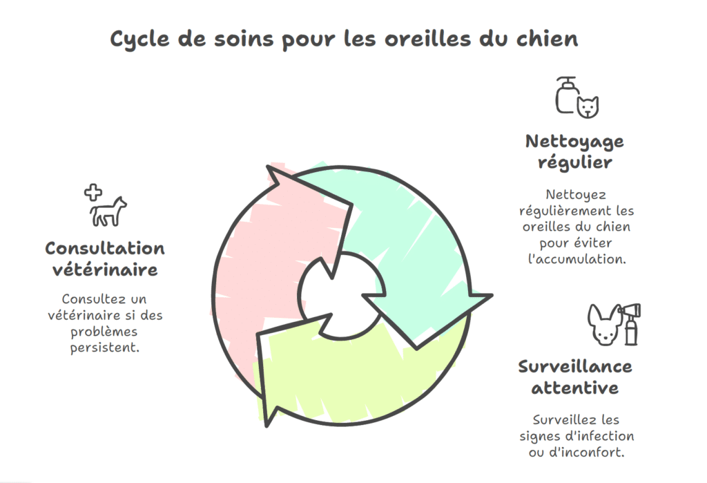 Schéma illustrant le cycle de soins pour les oreilles du chien : nettoyage régulier, surveillance des signes d’infection et consultation vétérinaire en cas de problème persistant.