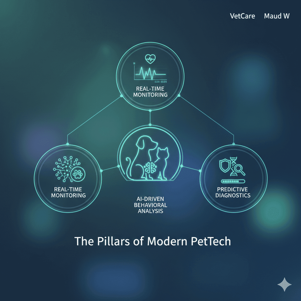 Une infographie simple montrant les "piliers" de la PetTech (moniteur, IA, analyse) avec des icônes représentatives, ou une image abstraite mais moderne de données numériques s'écoulant autour d'une silhouette d'animal.