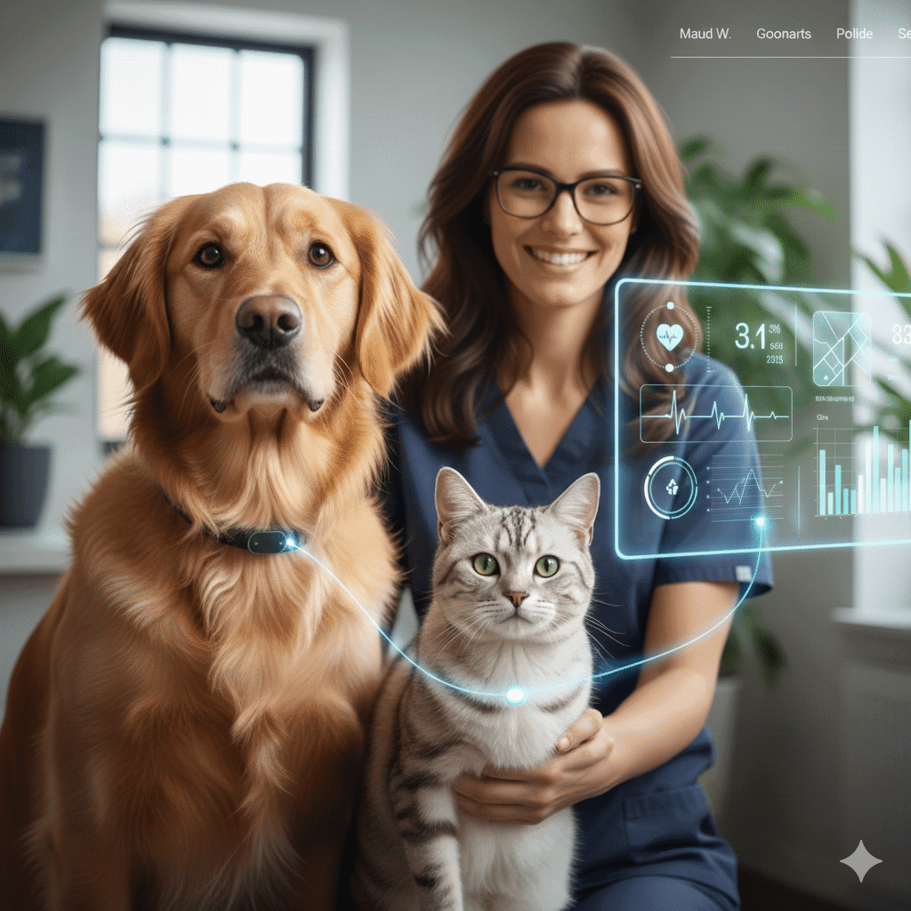 Femme vétérinaire souriante avec lunettes examinant un chat et un chien (Golden Retriever) équipés de colliers connectés affichant des données de santé holographiques.