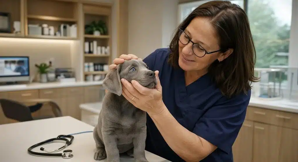 Vet in Navy Scrubs Gently Holds a Gray Puppys Head for an Examination in a Bright Clinic a Stethoscope Rests on the Counter Nearby